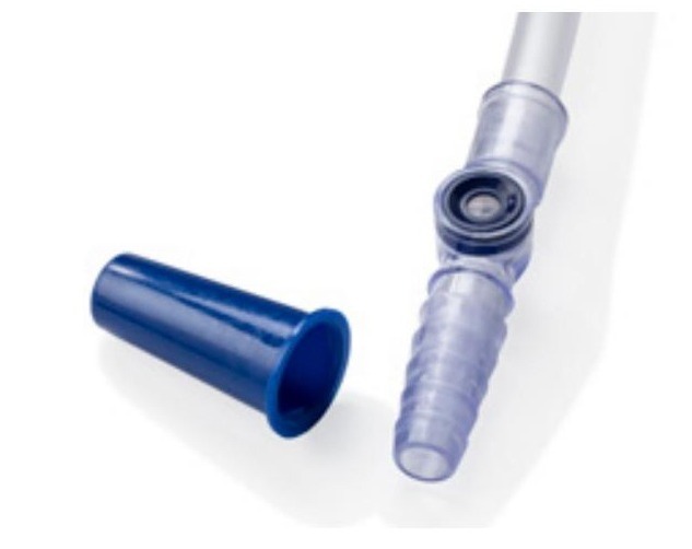 Close-up of the needle-free sampling connector with cap removed