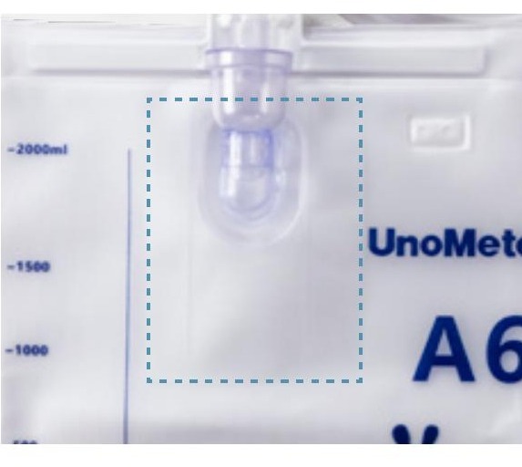Close-up of the UnoMeter A6 non return valve on the bag inlet