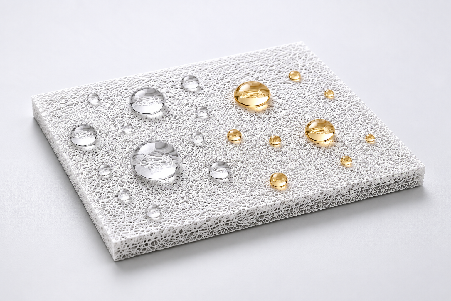 Hydrophobic and oleophobic filter material repelling droplets